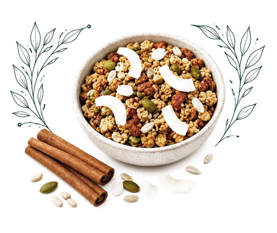 Bowl of granola clusters with cinnamon sticks